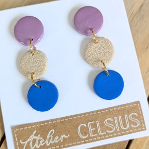 Boucles d’oreilles – Soie Bleu / Crème / Mauve – Bijou unique & fait-main